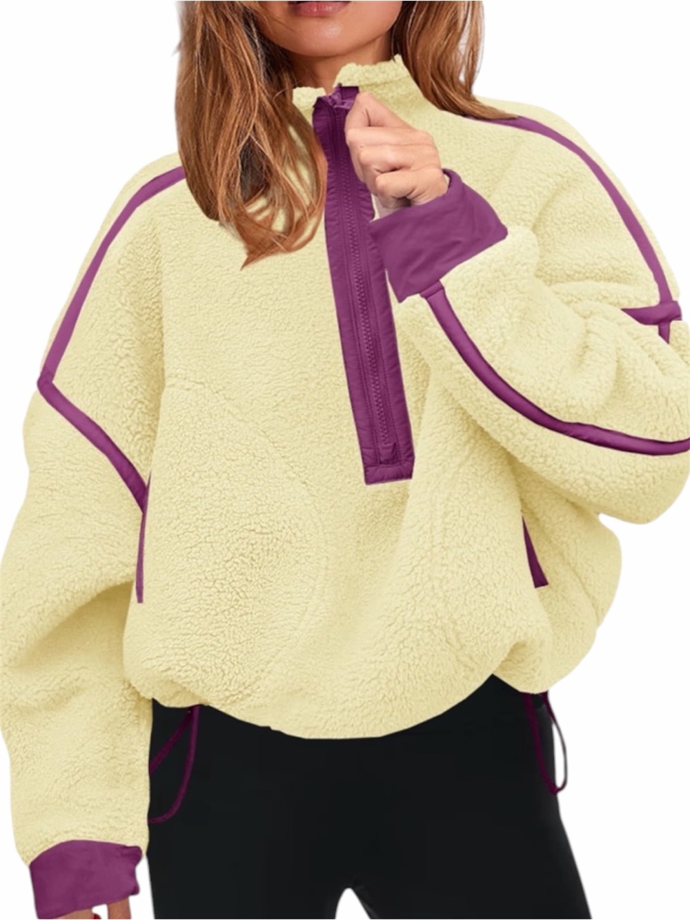 THE REFINERY Pale Yellow & Purple Oversized 1/2 Zip Sherpa Pullover